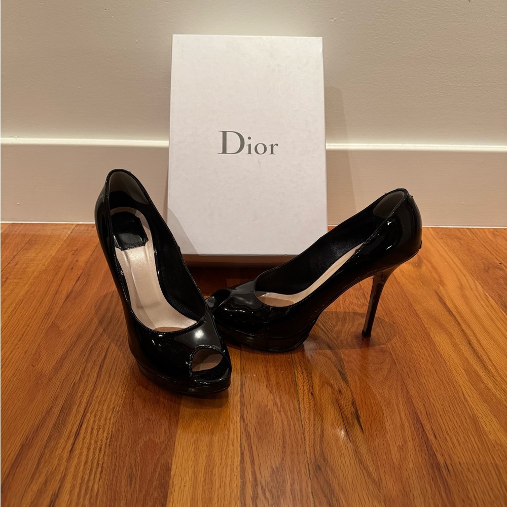 Dior Glossy Black Peep Toe Heels